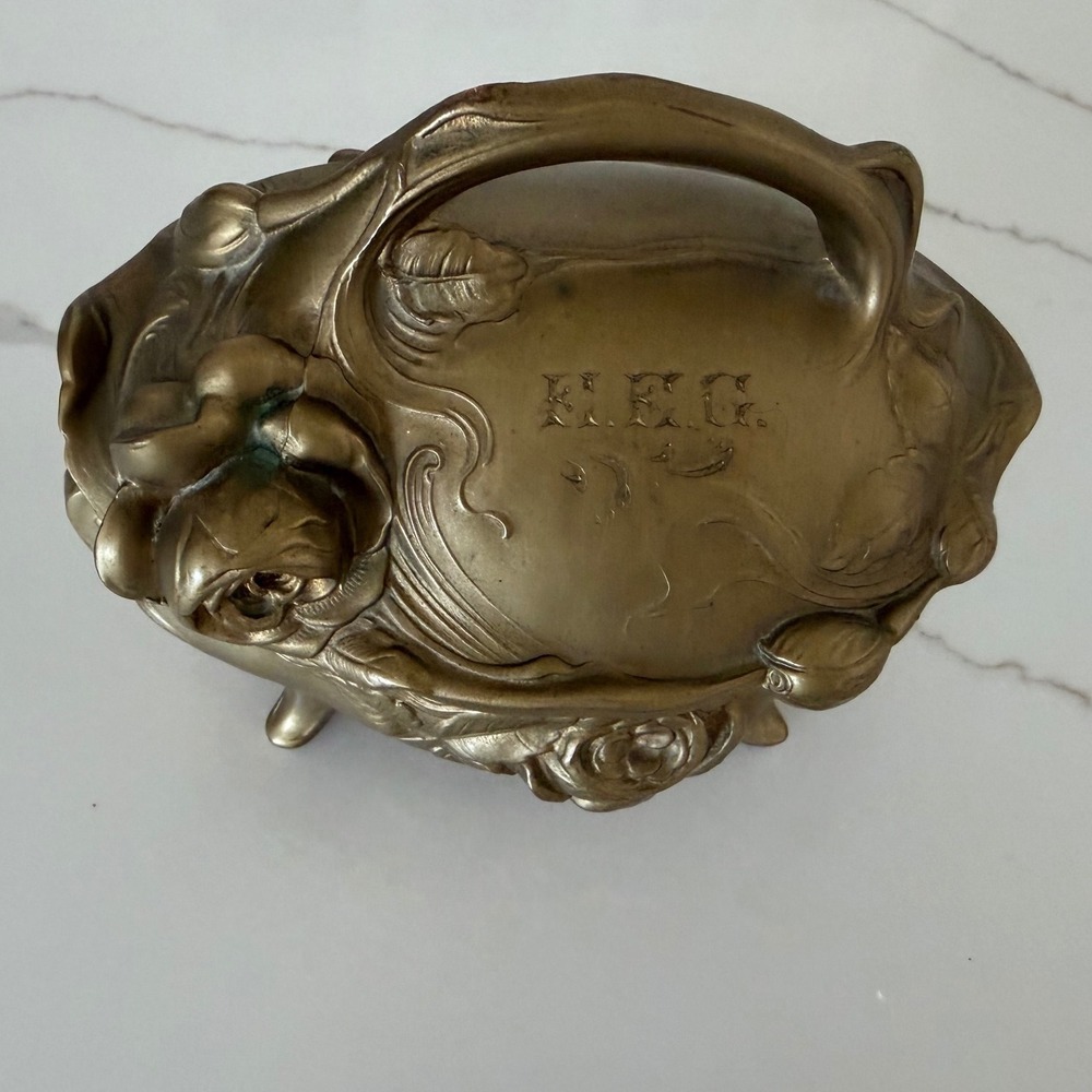 Antique Art Nouveau Rose Floral Monogrammed Gold Metal Footed Jewelry Box 4300